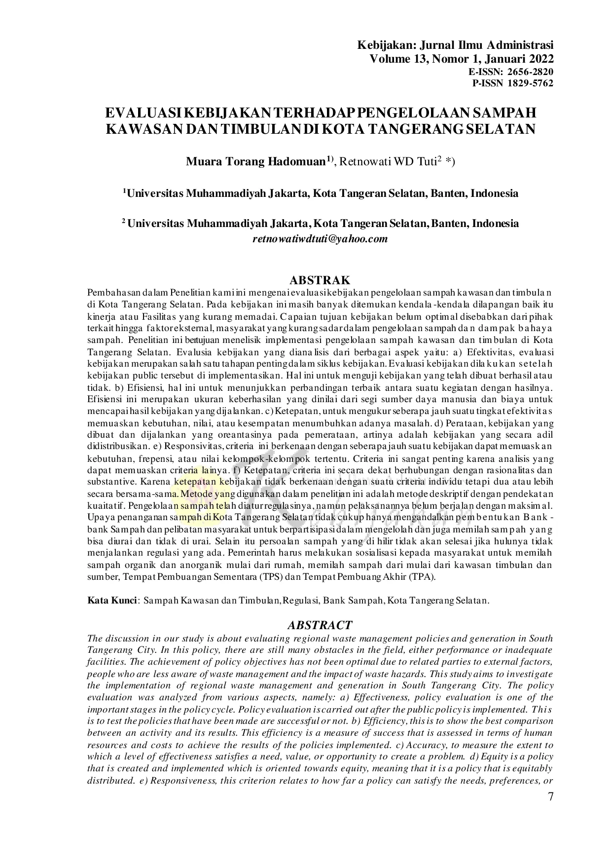 JURIS Evaluasi Kebijakan Terhadap Pengelolaan Sampah Kawasan Dan Timbulan Di Kota Tangerang Selatan