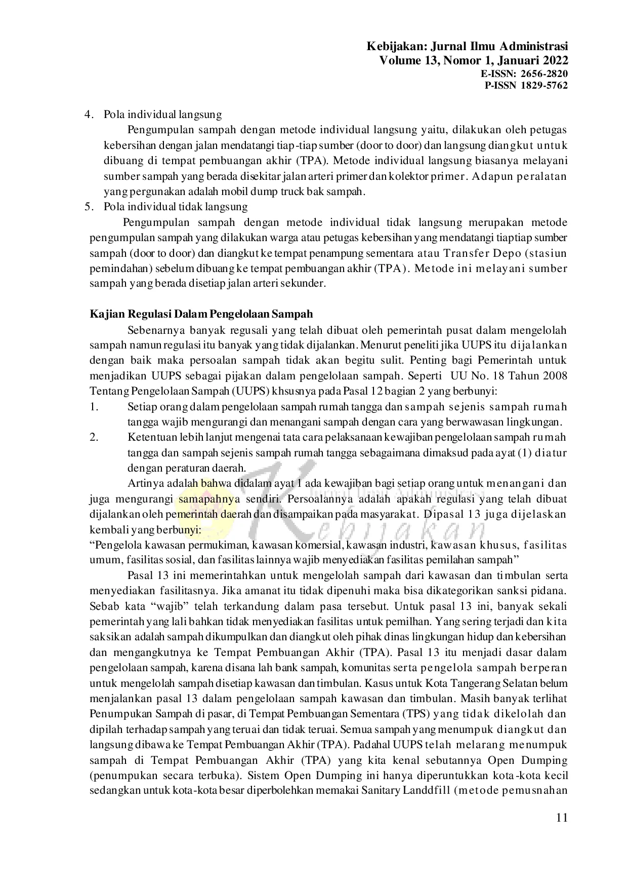 JURIS Evaluasi Kebijakan Terhadap Pengelolaan Sampah Kawasan Dan Timbulan Di Kota Tangerang Selatan