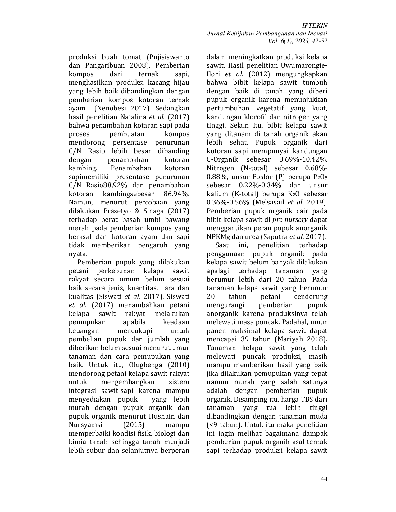 JURIS Penggunaan Pupuk Organik Asal Ternak Sapi Pada Kelapa Sawit Umur 20 Tahun