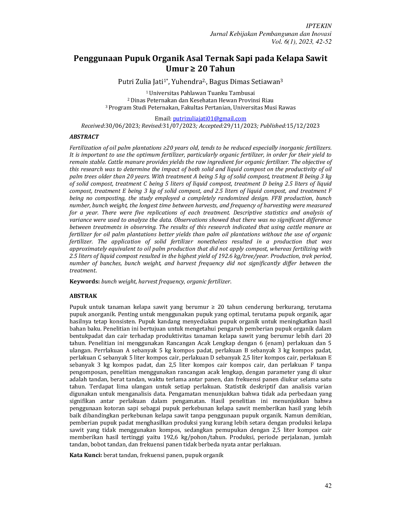 JURIS Penggunaan Pupuk Organik Asal Ternak Sapi Pada Kelapa Sawit Umur 20 Tahun