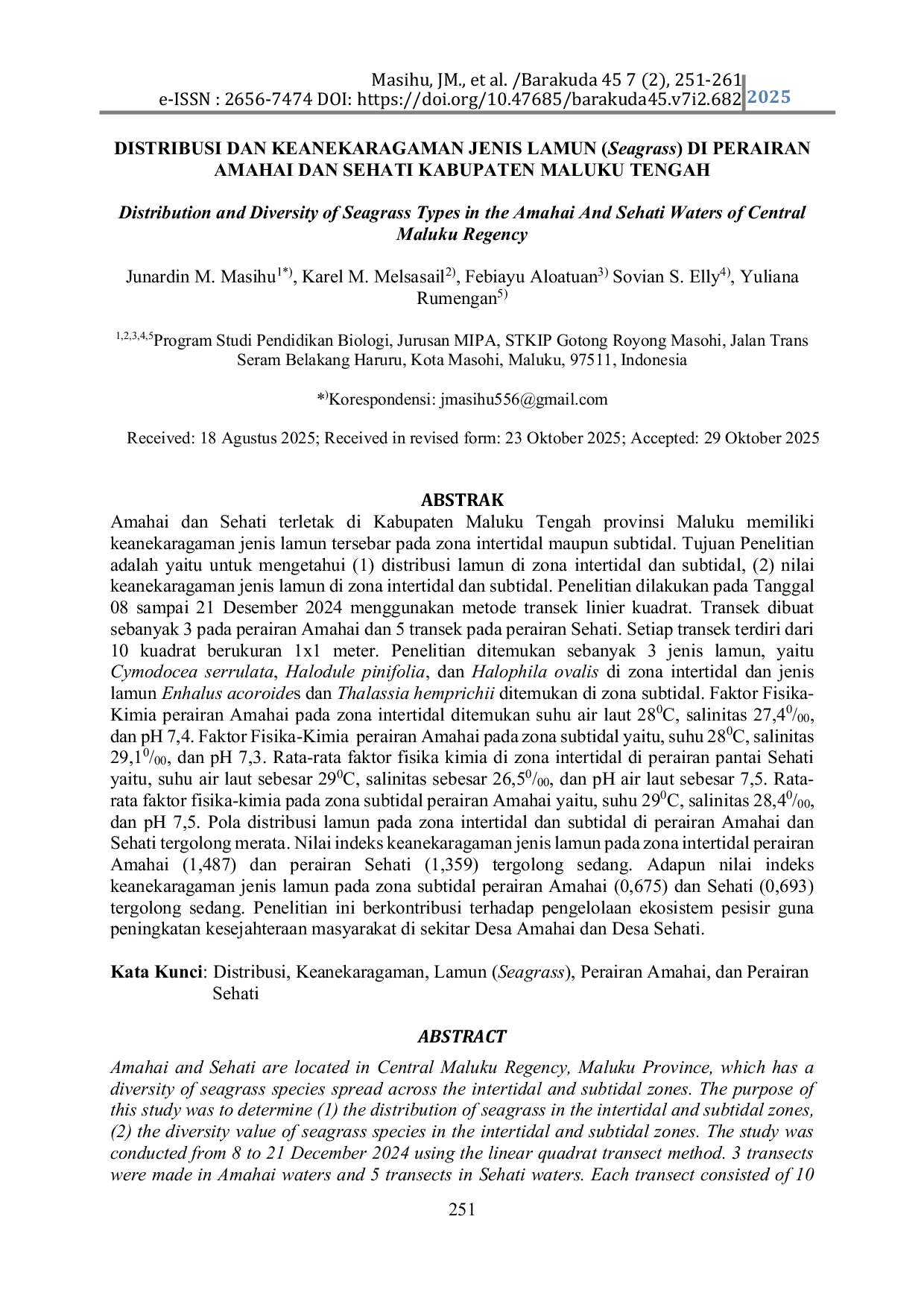 JURIS Distribution and Diversity of Seagrass Types in the Amahai And Sehati Waters of Central Maluku Regency