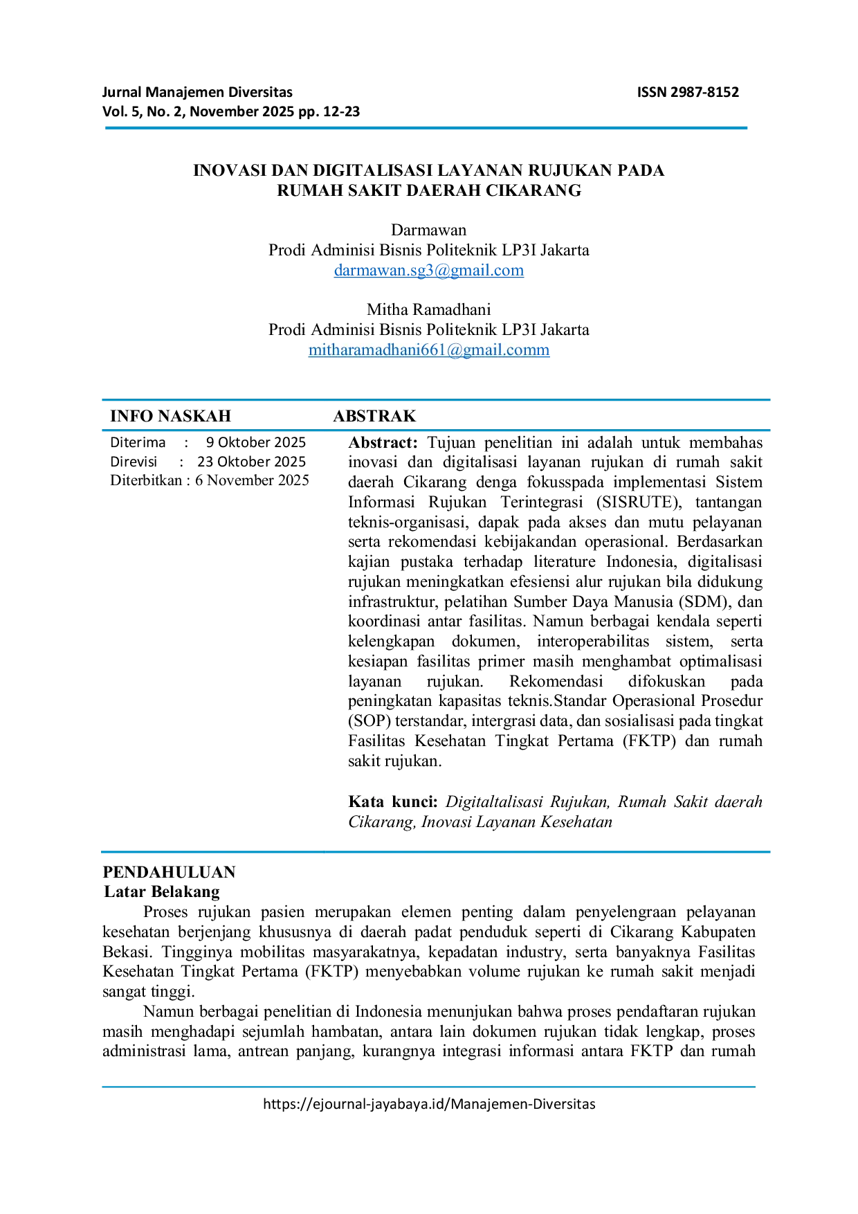 JURIS Inovasi dan Digitalisasi Layanan Rujukan pada Rumah Sakit Daerah Cikarang