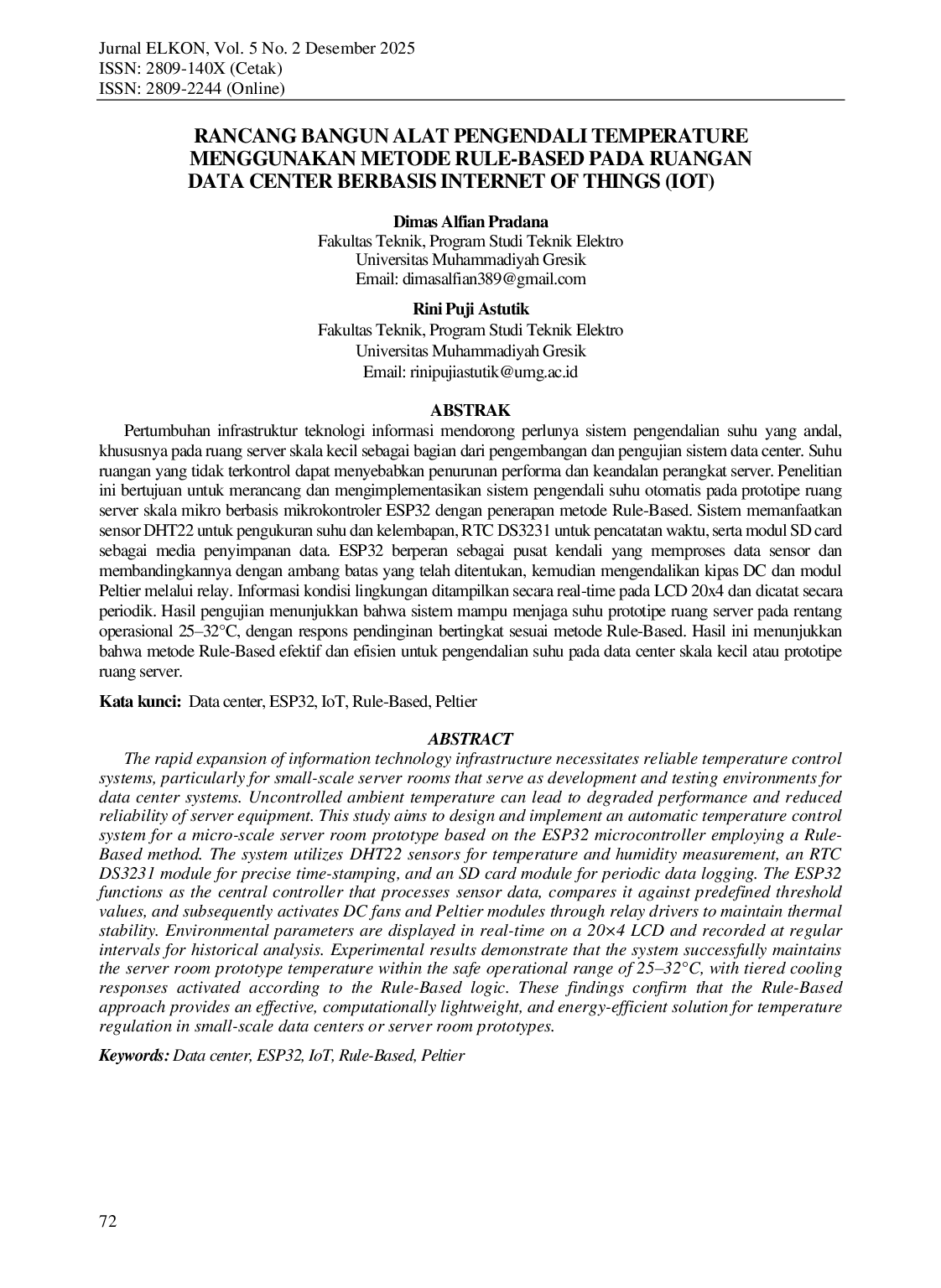 JURIS Rancang Bangun Alat Pengendali Temperature Menggunakan Metode Rule Based Pada Ruangan Data Center Berbasis Internet Of Things Iot
