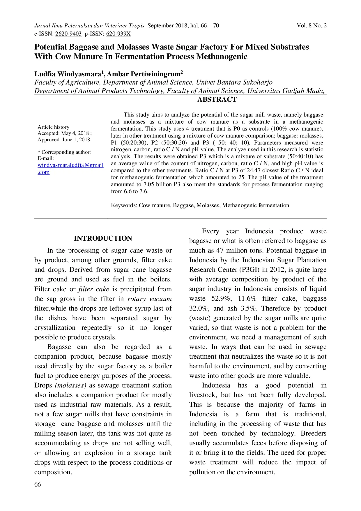 JURIS Potential Baggase and Molasses Waste Sugar Factory for Mixed Substrates with Cow Manure in Fermentation Process Methanogenic