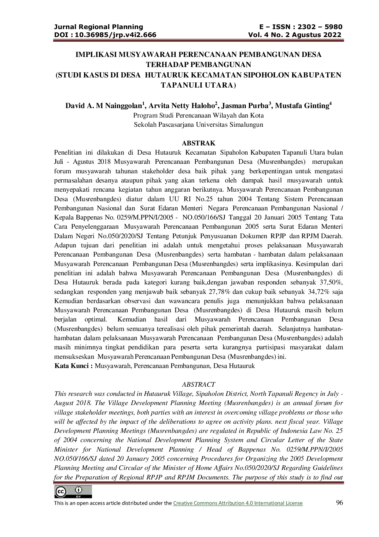 JURIS Implikasi Musyawarah Perencanaan Pembangunan Desa Terhadap Pembangunan Studi Kasus Di Desa Hutauruk Kecamatan Sipoholon Kabupaten Tapanuli Utara