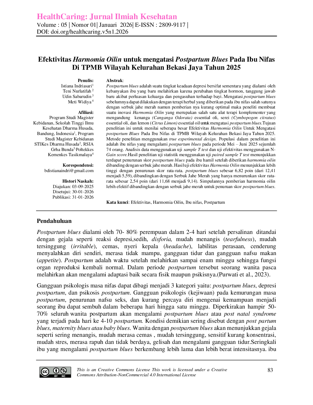 JURIS Efektivitas Harmomia Oilin untuk mengatasi Postpartum Blues Pada Ibu Nifas Di TPMB Wilayah Kelurahan Bekasi Jaya Tahun 2025