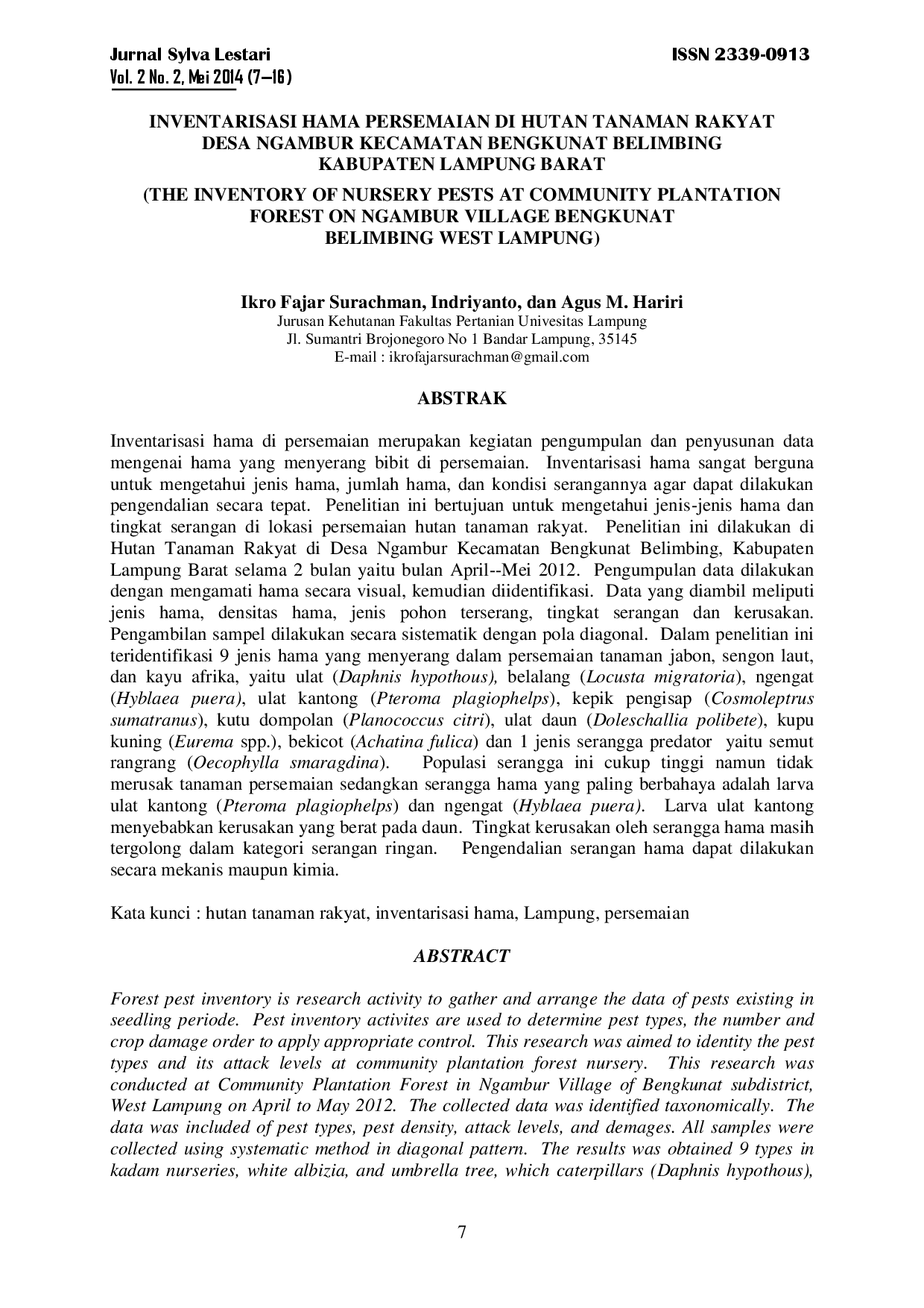 juris Inventarisasi Hama Persemaian Di Hutan Tanaman Rakyat Desa Ngambur Kecamatan Bengkunat Belimbing Kabupaten Lampung Barat