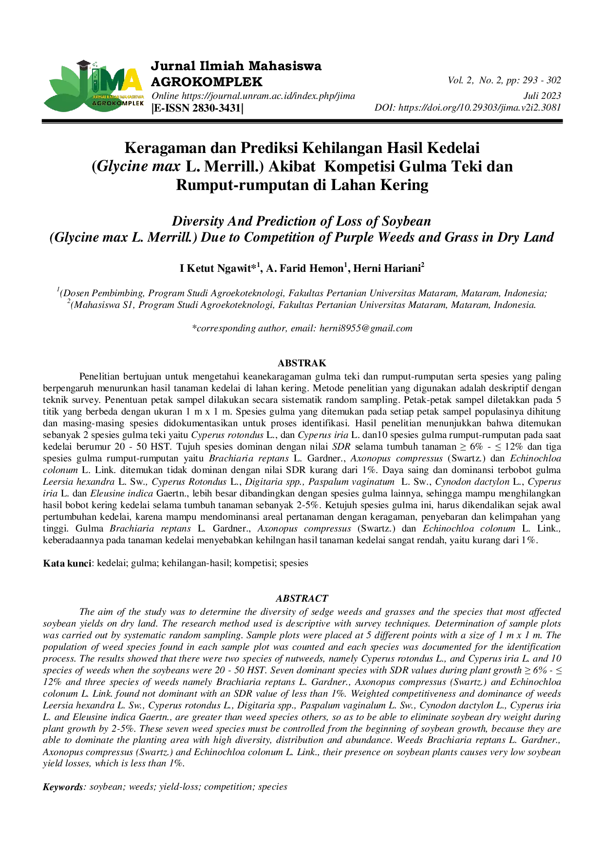 JURIS Keragaman dan Prediksi Kehilangan Hasil Kedelai Glycine max L Merrill Akibat Kompetisi Gulma Teki dan Rumput rumputan di Lahan Kering