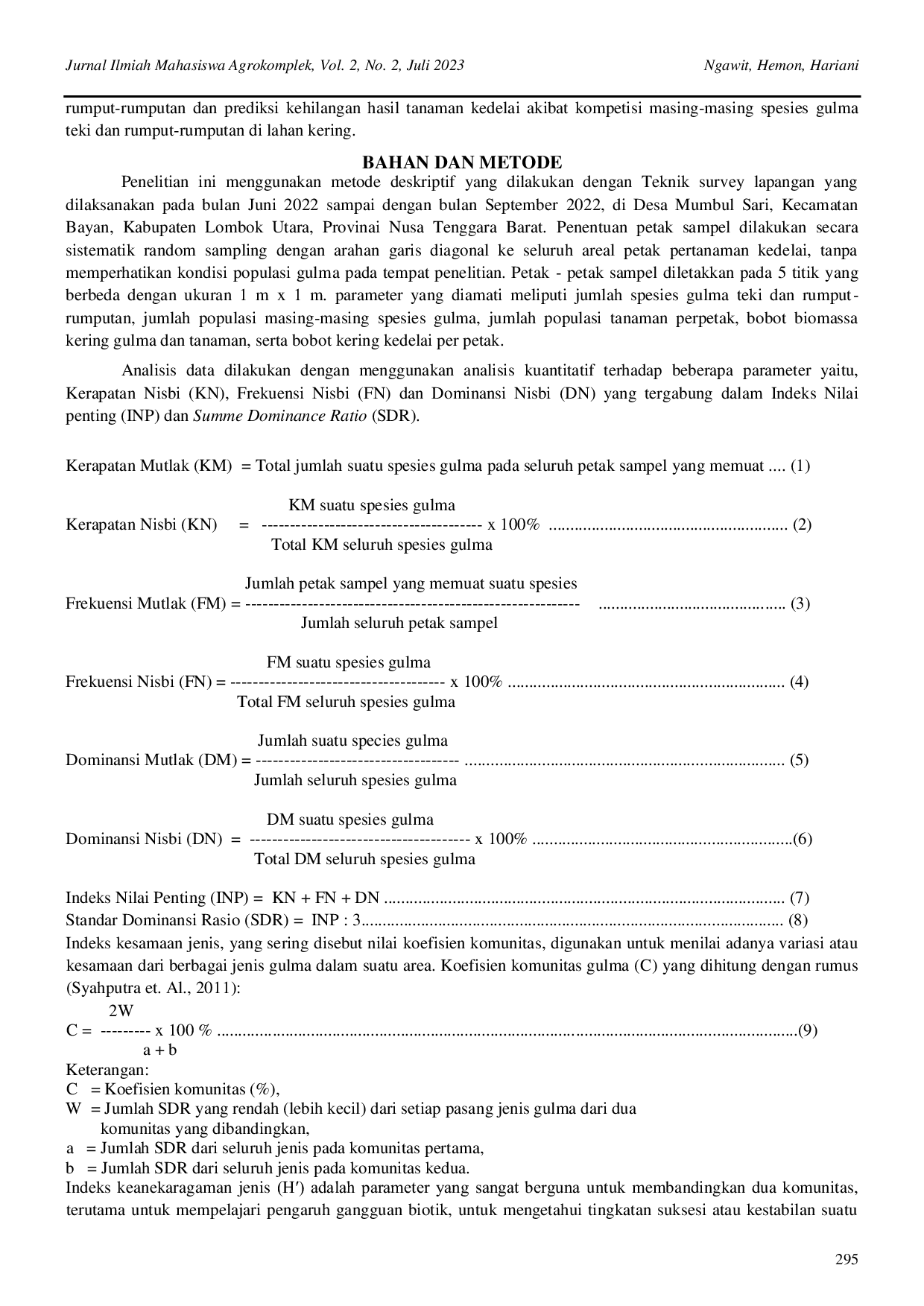 JURIS Keragaman dan Prediksi Kehilangan Hasil Kedelai Glycine max L Merrill Akibat Kompetisi Gulma Teki dan Rumput rumputan di Lahan Kering