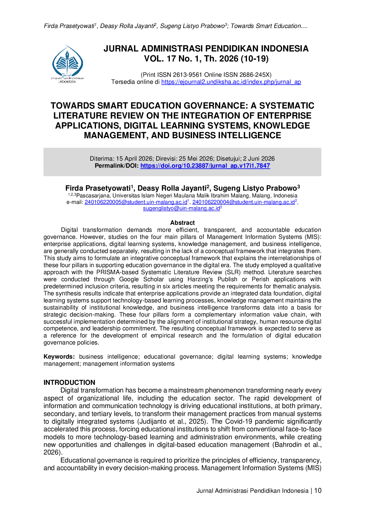 JURIS Towards Smart Education Governance A Systematic Literature Review On The Integration Of Enterprise Applications Digital Learning Systems Knowledge Management And Business Intelligence