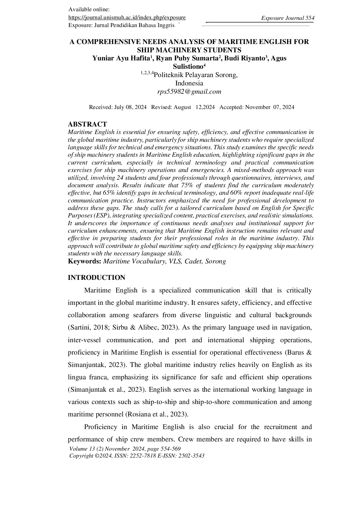 JURIS A Comprehensive Needs Analysis of Maritime English for Ship Machinery Students