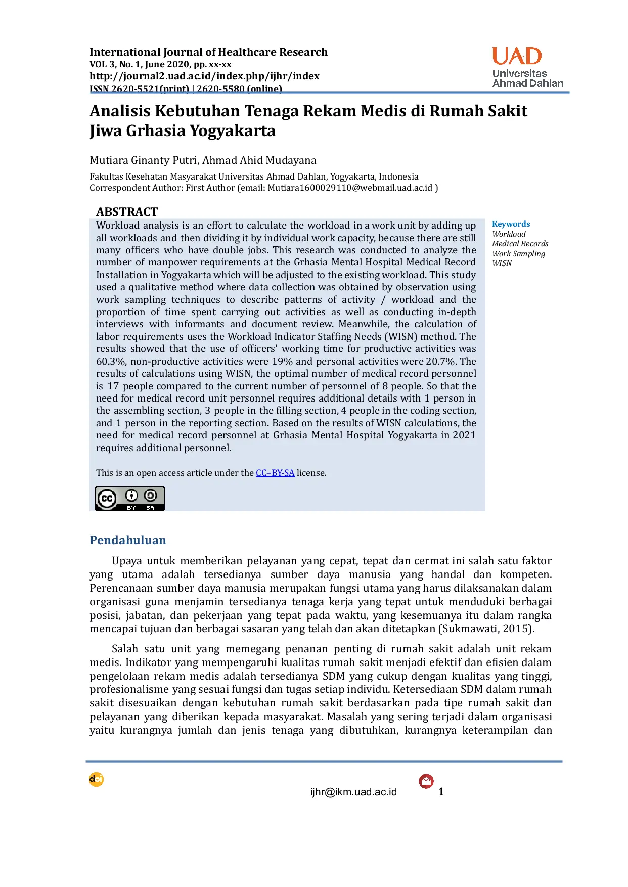 JURIS Analisis Kebutuhan Tenaga Rekam Medis di Rumah Sakit Jiwa Grhasia Yogyakarta