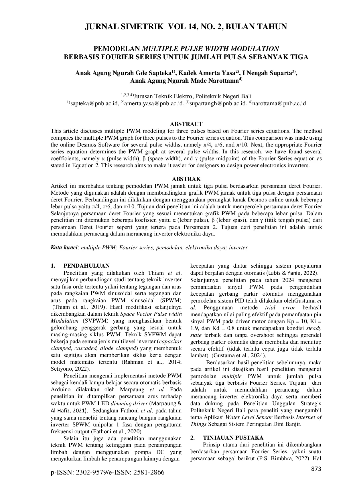JURIS Pemodelan Multiple Pulse Width Modulation Berbasis Fourier Series Untuk Jumlah Pulsa Sebanyak Tiga