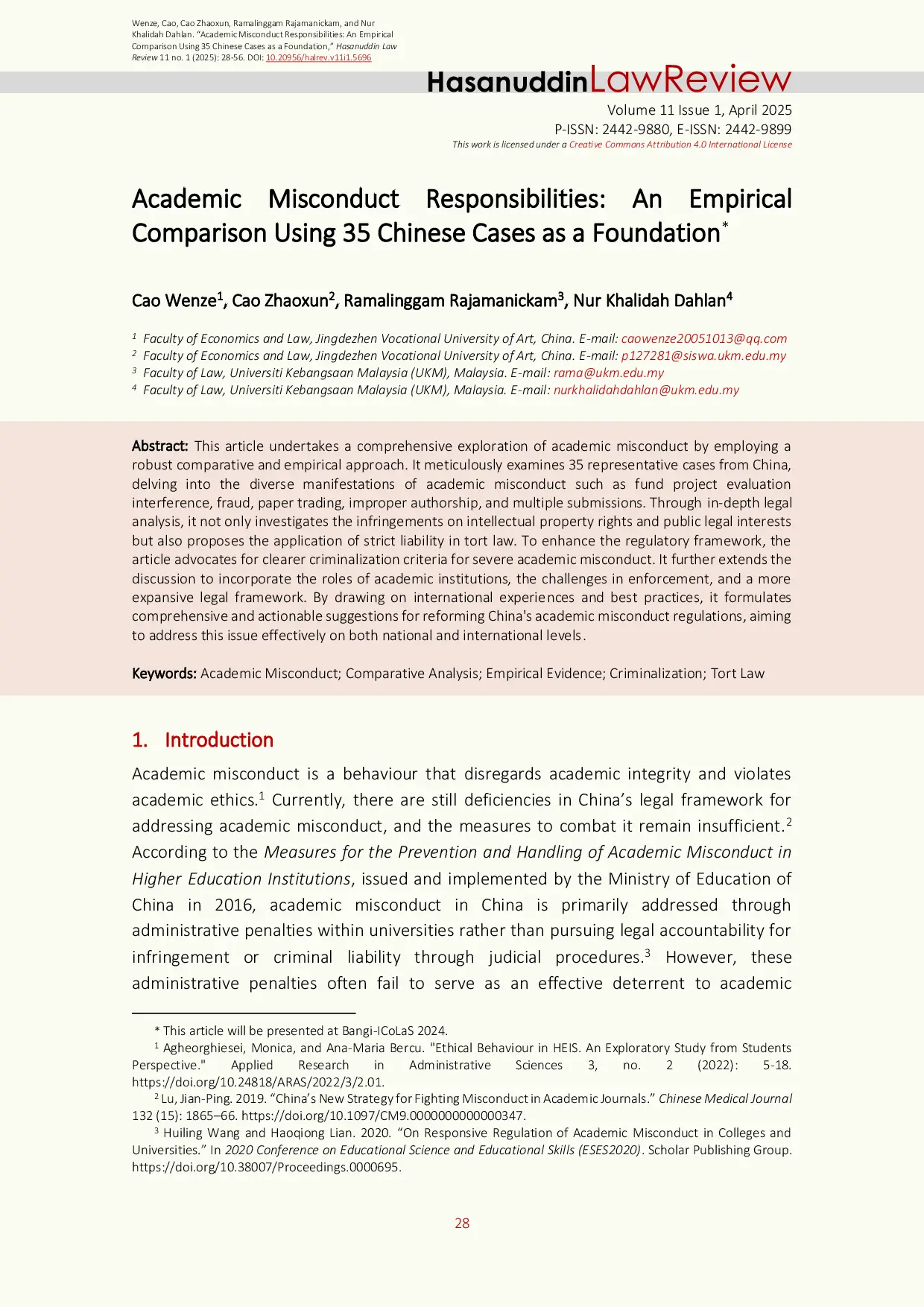JURIS Academic Misconduct Responsibilities An Empirical Comparison Using 35 Chinese Cases as a Foundation