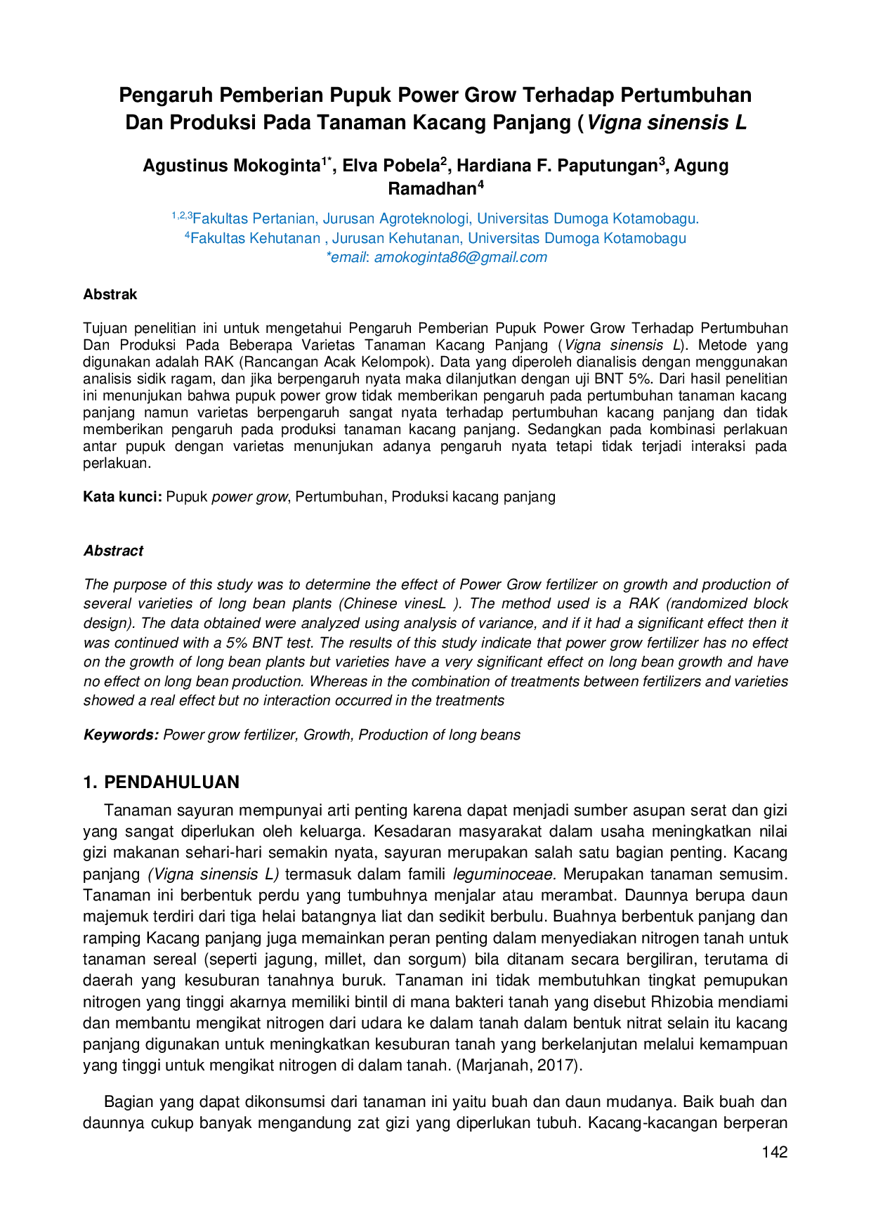 JURIS Pengaruh Pemberian Pupuk Power Grow Terhadap Pertumbuhan Dan Produksi Pada Tanaman Kacang Panjang Vigna Sinensis L