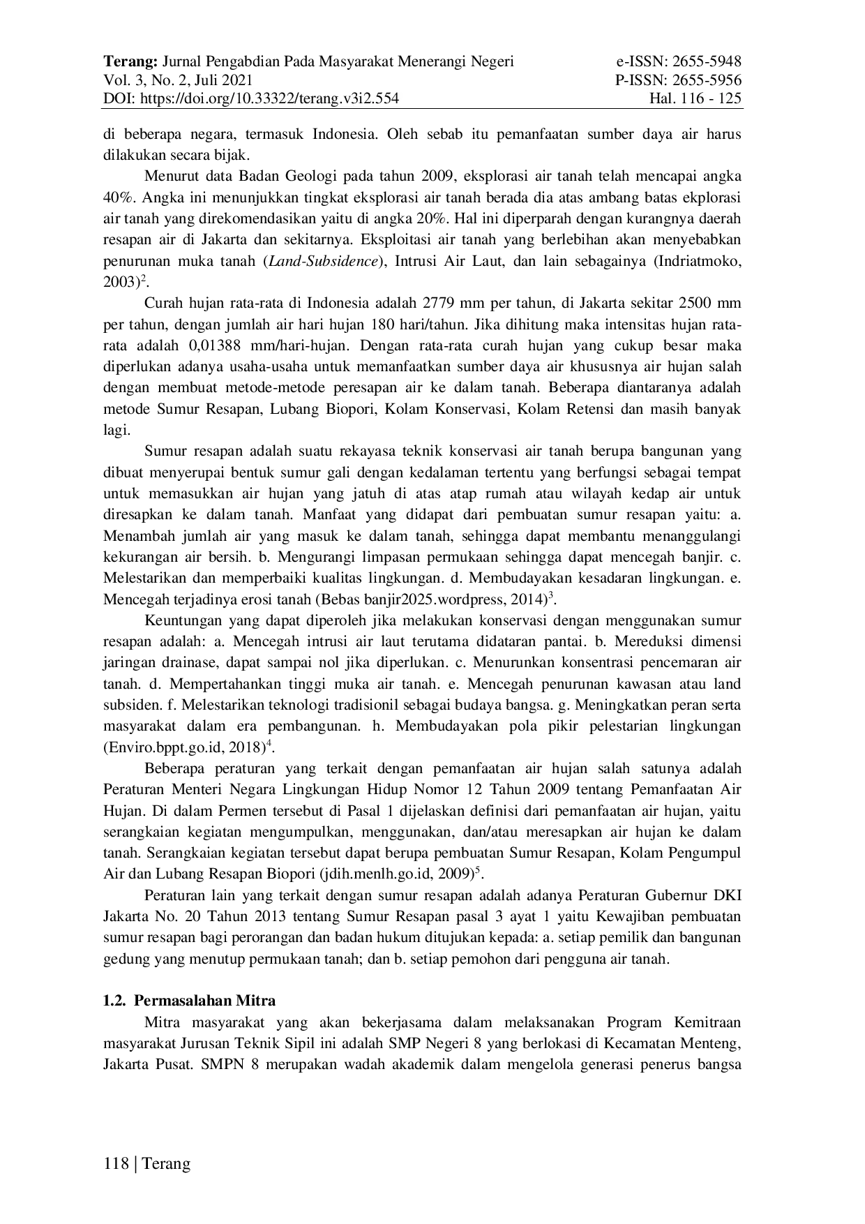 JURIS Penanggulangan Banjir Genangan dan Konservasi Air Tanah dengan Pembuatan Sumur Resapan di SMP Negeri 8 Menteng Jakarta Pusat