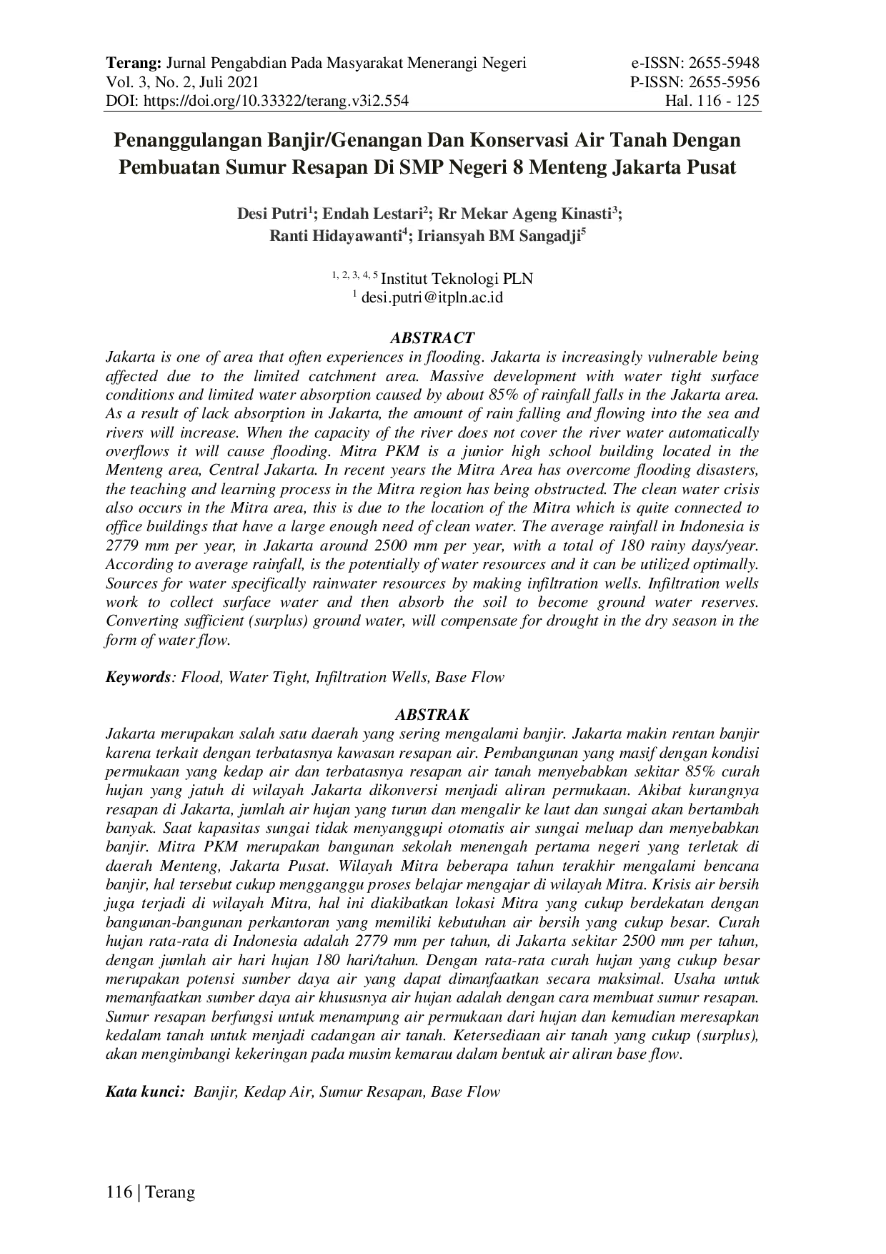 JURIS Penanggulangan Banjir Genangan dan Konservasi Air Tanah dengan Pembuatan Sumur Resapan di SMP Negeri 8 Menteng Jakarta Pusat