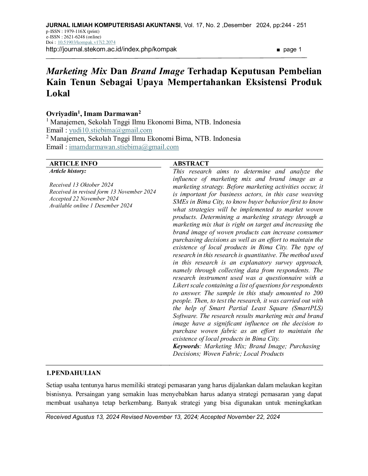 JURIS Marketing Mix Dan Brand Image Terhadap Keputusan Pembelian Kain Tenun Sebagai Upaya Mempertahankan Eksistensi Produk Lokal