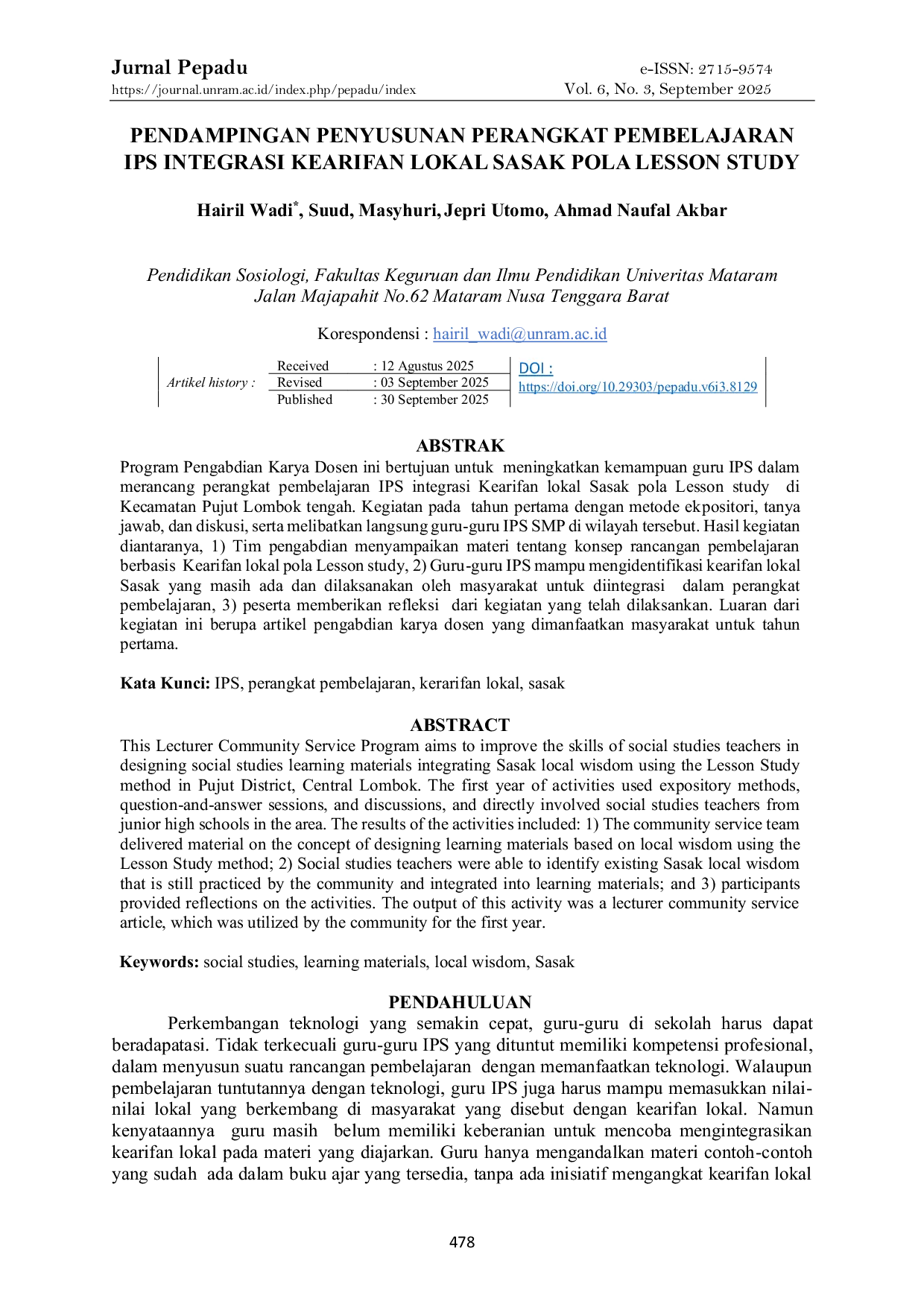 JURIS Pendampingan Penyusunan Perangkat Pembelajaran IPS Integrasi Kearifan Lokal Sasak Pola Lesson Study