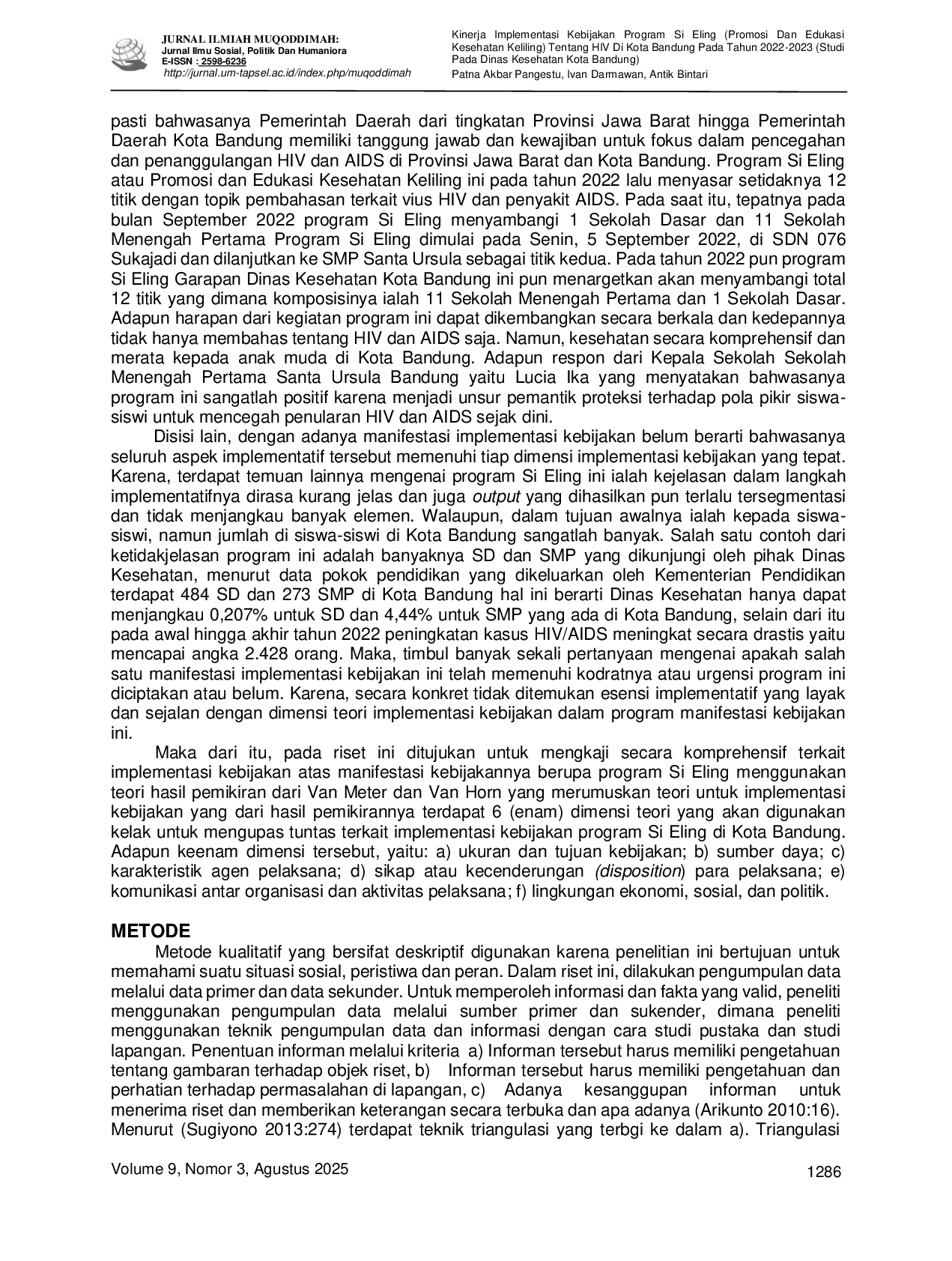 JURIS Kinerja Implementasi Kebijakan Program Si Eling Promosi Dan Edukasi Kesehatan Keliling Tentang HIV Di Kota Bandung Pada Tahun 2022 2023 Studi Pada Dinas Kesehatan Kota Bandung