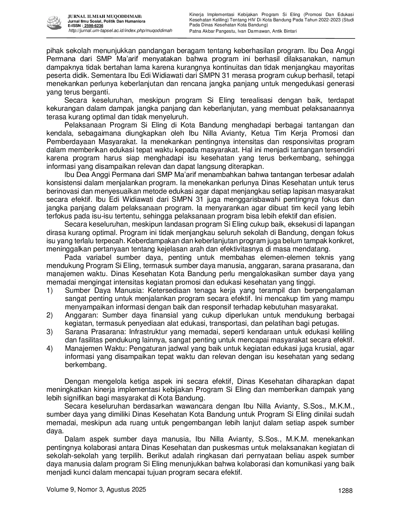 JURIS Kinerja Implementasi Kebijakan Program Si Eling Promosi Dan Edukasi Kesehatan Keliling Tentang HIV Di Kota Bandung Pada Tahun 2022 2023 Studi Pada Dinas Kesehatan Kota Bandung