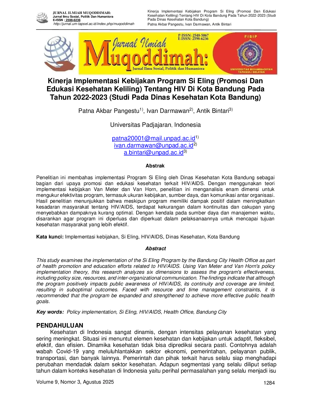 JURIS Kinerja Implementasi Kebijakan Program Si Eling Promosi Dan Edukasi Kesehatan Keliling Tentang HIV Di Kota Bandung Pada Tahun 2022 2023 Studi Pada Dinas Kesehatan Kota Bandung