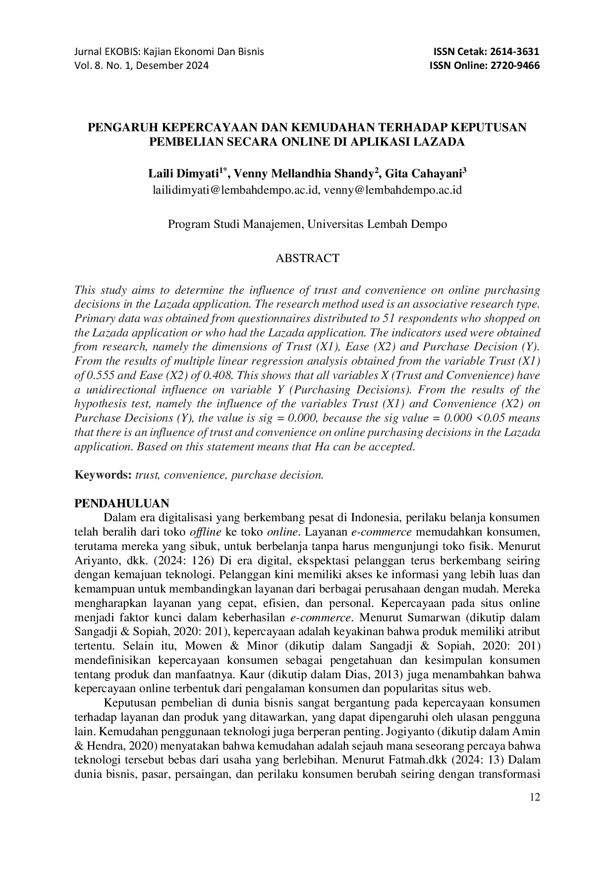 juris Pengaruh Kepercayaan Dan Kemudahan Terhadap Keputusan Pembelian Secara Online Di Aplikasi Lazada
