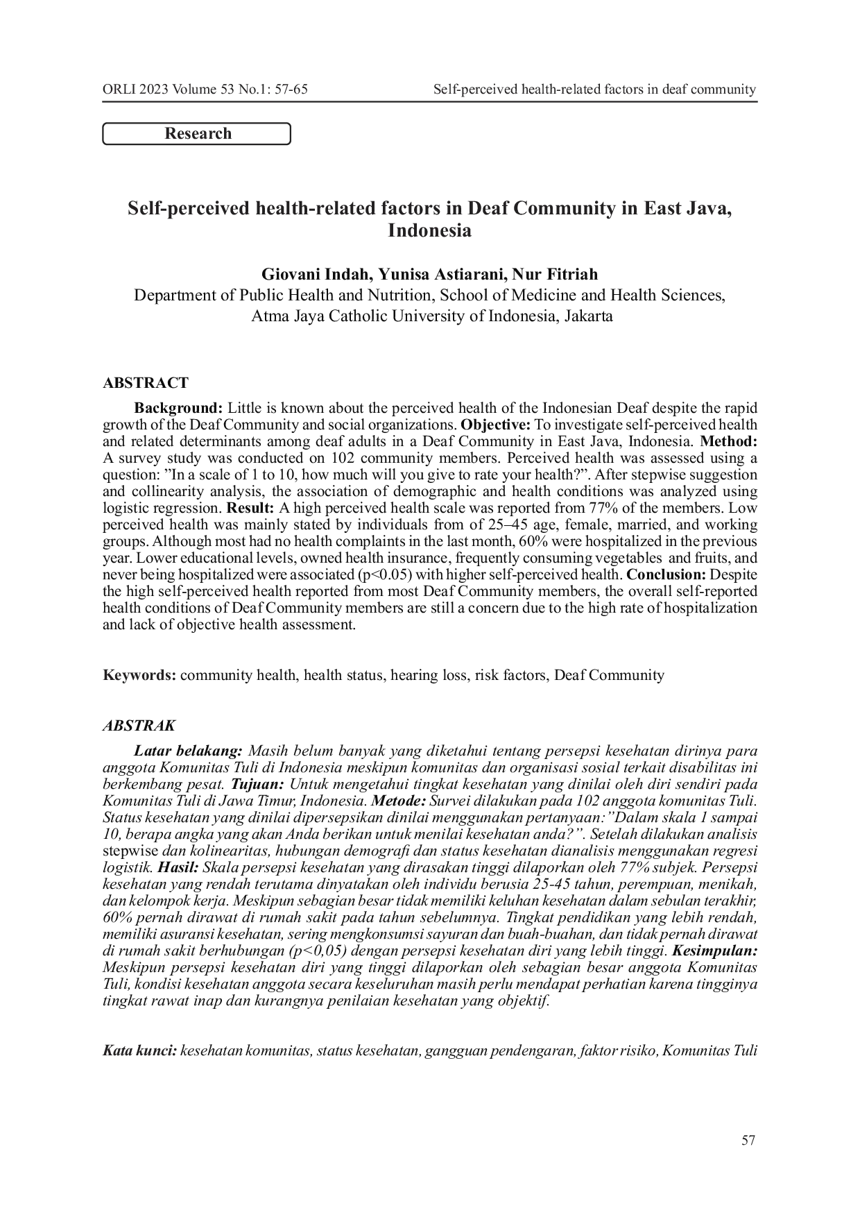 JURIS Self Perceived Health Related Factors in Deaf Community in East Java Indonesia