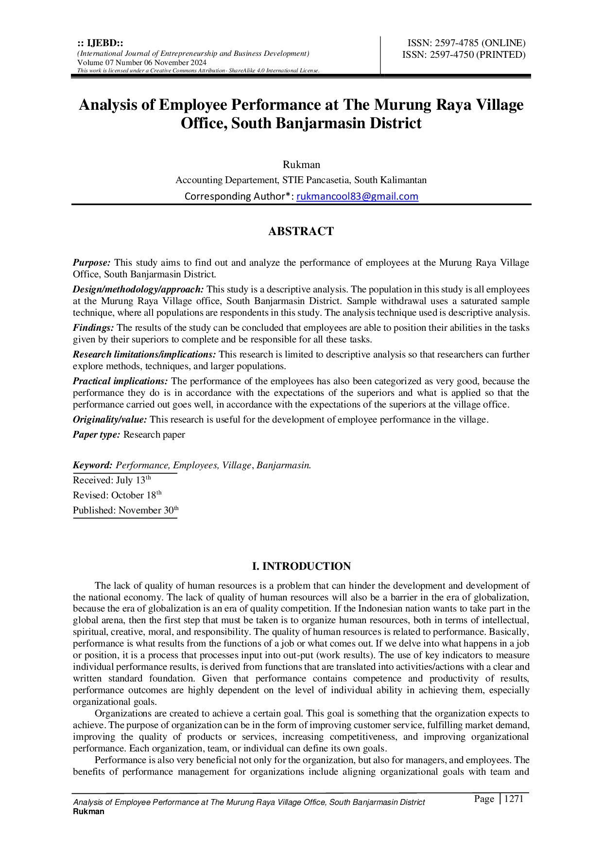 JURIS Analysis of Employee Performance at the Murung Raya Village Office South Banjarmasin District