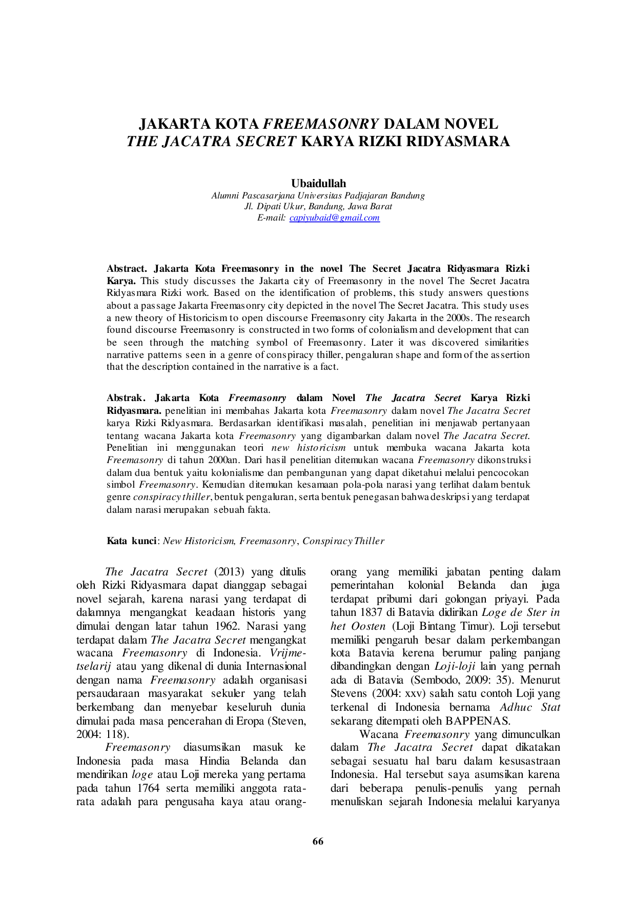 JURIS Jakarta Kota Freemasonry dalam Novel The Jacatra Secret Karya Rizki Ridyasmara