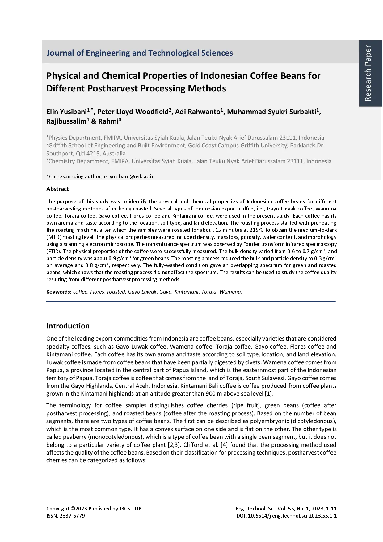 juris Physical and Chemical Properties of Indonesian Coffee Beans for Different Postharvest Processing Methods
