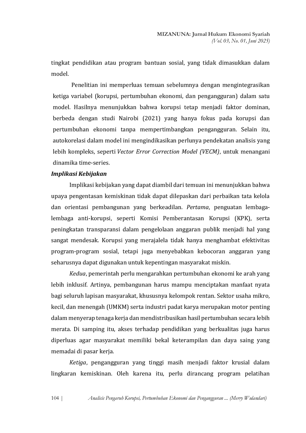 JURIS Analisis Pengaruh Korupsi Pertumbuhan Ekonomi Dan Pengangguran Terhadap Tingkat Kemiskinan Di Indonesia