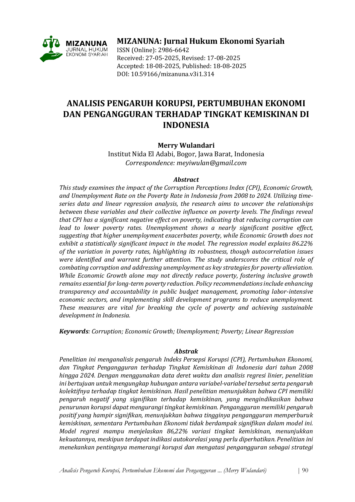 JURIS Analisis Pengaruh Korupsi Pertumbuhan Ekonomi Dan Pengangguran Terhadap Tingkat Kemiskinan Di Indonesia