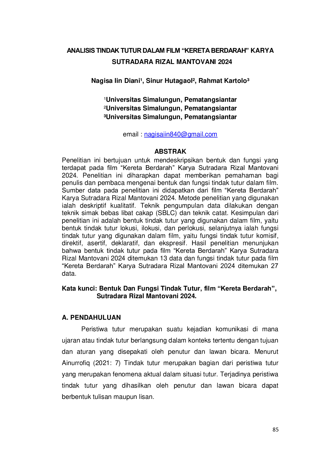 JURIS Analisis Tindak Tutur Dalam Film Kereta Berdarah Karya Sutradara Rizal Mantovani 2024