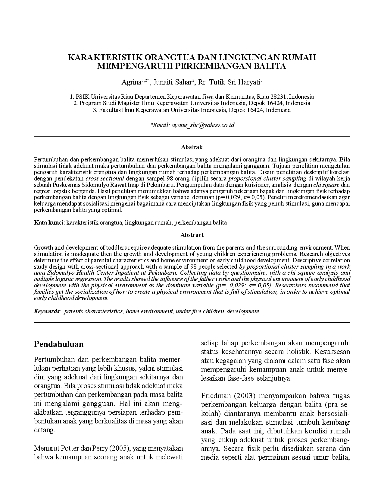 juris Karakteristik Orangtua dan Lingkungan Rumah Mempengaruhi Perkembangan Balita