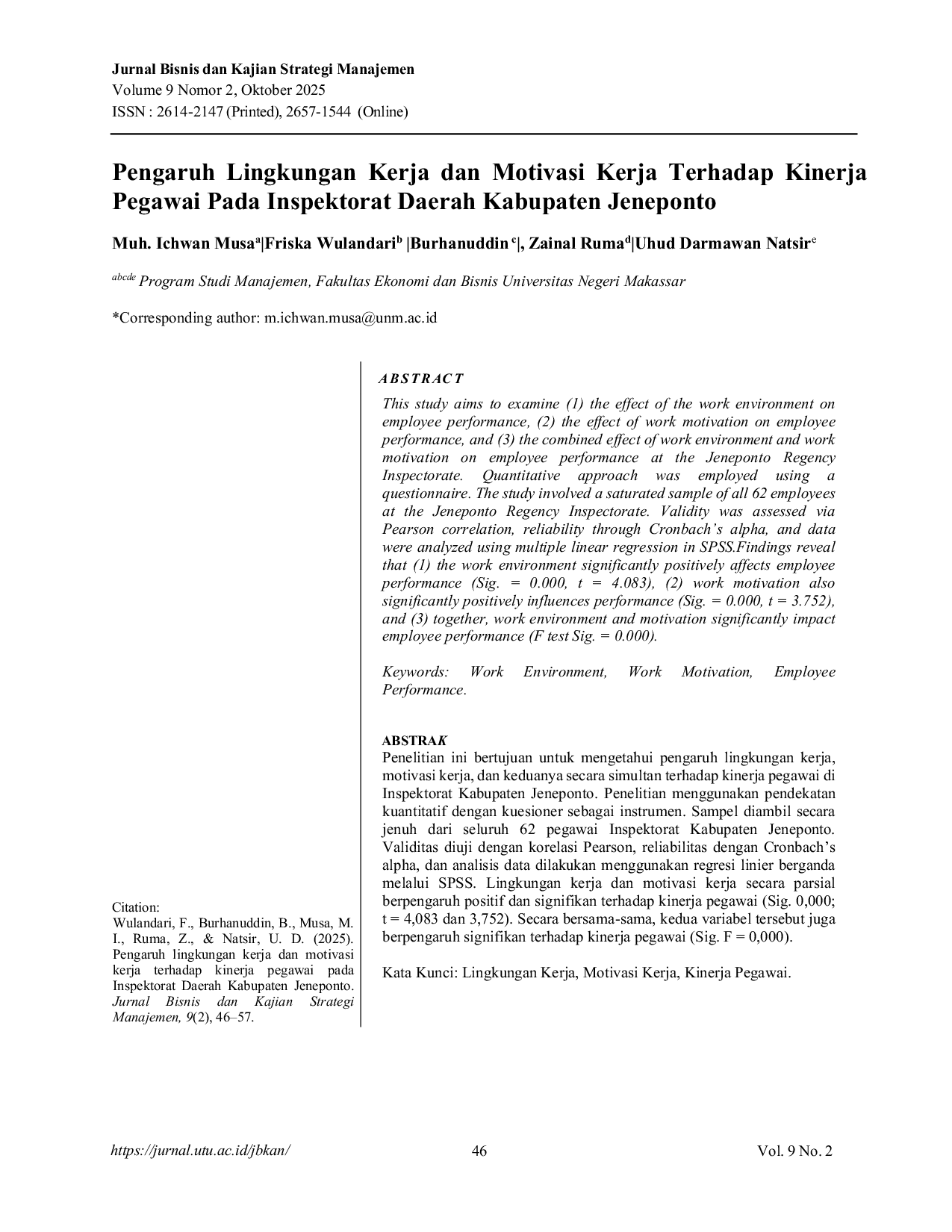 JURIS Pengaruh Lingkungan Kerja dan Motivasi Kerja Terhadap Kinerja Pegawai Pada Inspektorat Daerah Kabupaten Jeneponto