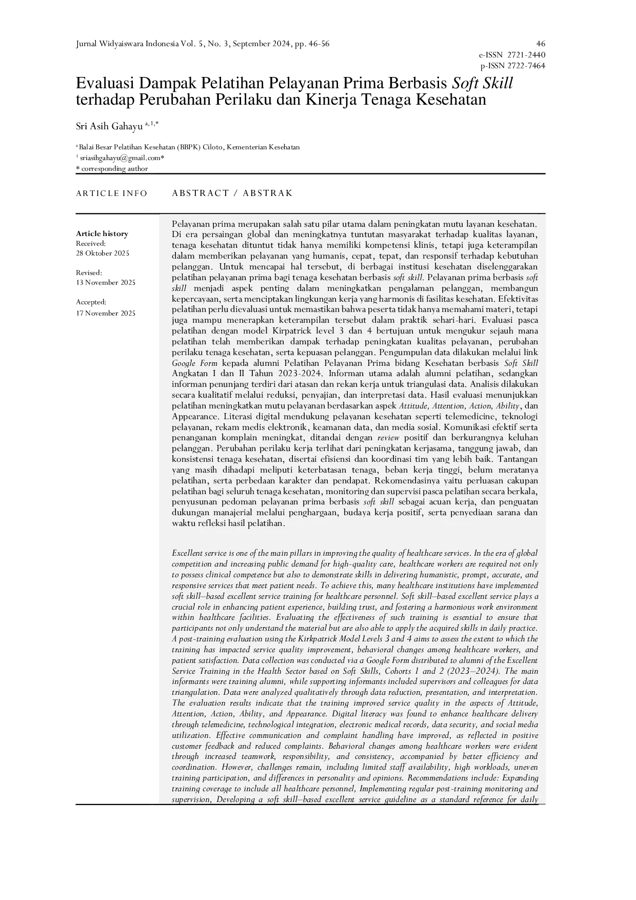 JURIS Evaluasi Pasca Pelatihan Pelayanan Prima Bidang Kesehatan Berbasis Soft Skill