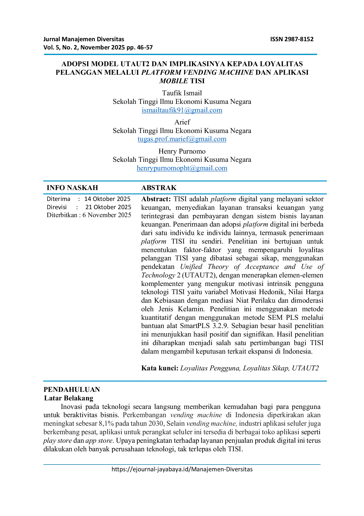 JURIS Adopsi Model Utaut2 Dan Implikasinya Kepada Loyalitas Pelanggan Melalui Platform Vending Machine Dan Aplikasi Mobile Tisi
