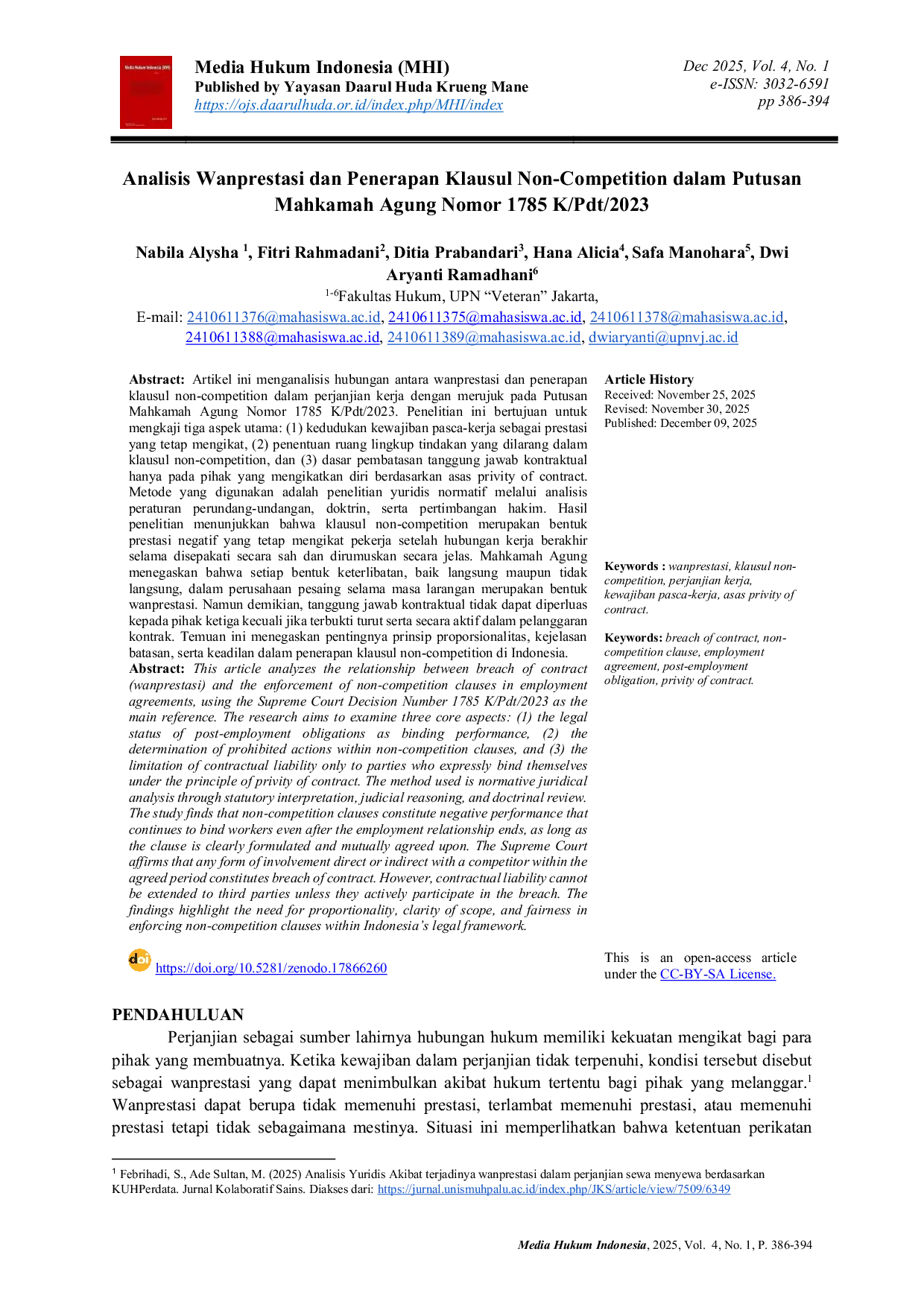 JURIS Analisis Wanprestasi dan Penerapan Klausul Non Competition dalam Putusan Mahkamah Agung Nomor 1785 K Pdt 2023
