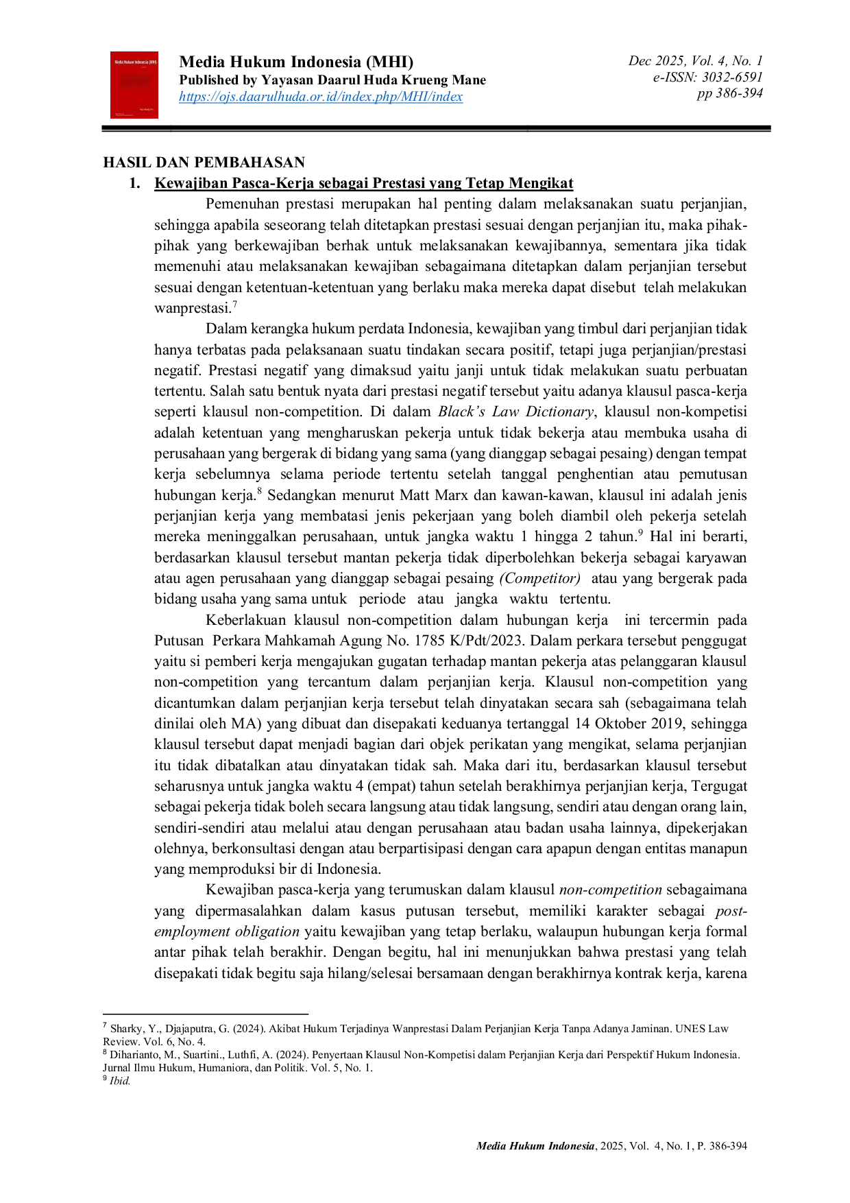 JURIS Analisis Wanprestasi dan Penerapan Klausul Non Competition dalam Putusan Mahkamah Agung Nomor 1785 K Pdt 2023