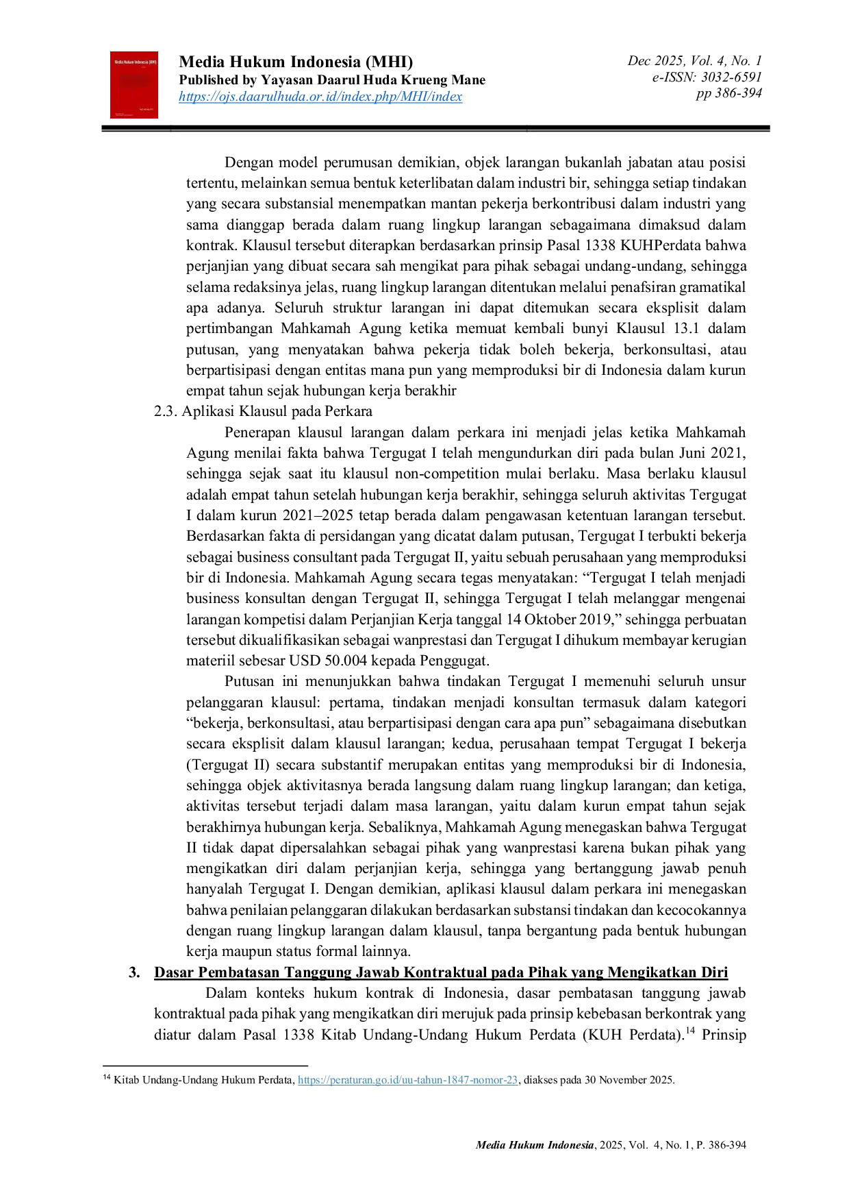 JURIS Analisis Wanprestasi dan Penerapan Klausul Non Competition dalam Putusan Mahkamah Agung Nomor 1785 K Pdt 2023