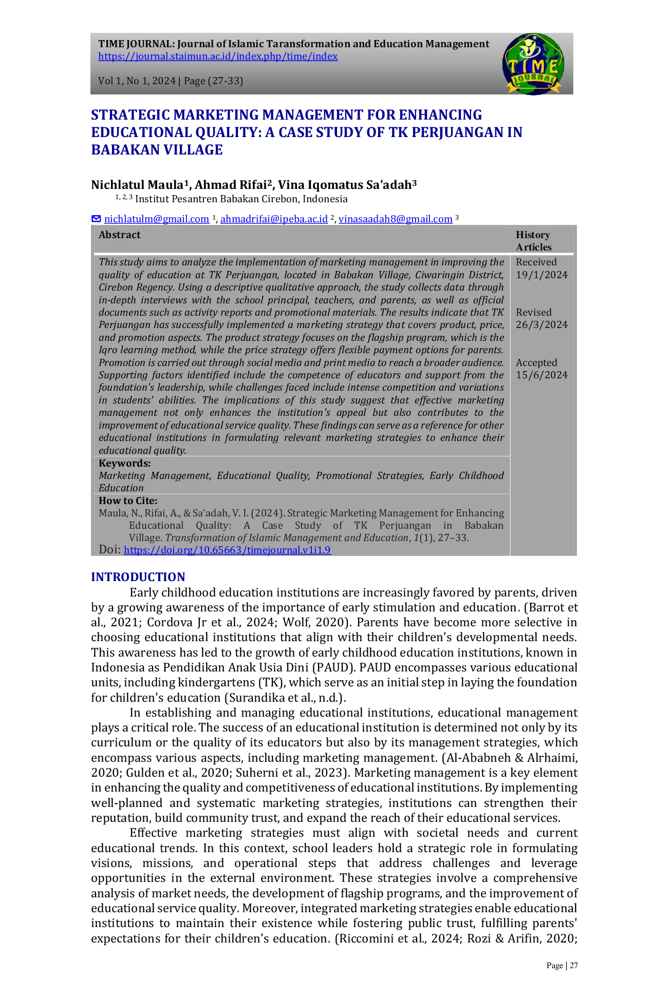 JURIS Strategic Marketing Management for Enhancing Educational Quality A Case Study of TK Perjuangan in Babakan Village