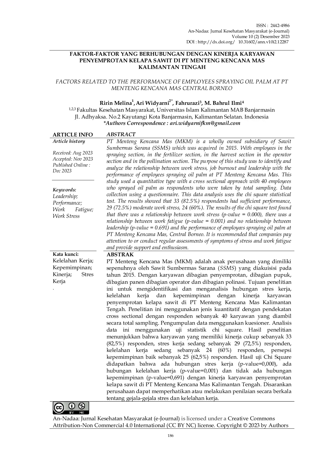 JURIS Faktor Faktor Yang Berhubungan Dengan Kinerja Karyawan Penyemprotan Kelapa Sawit Di PT Menteng Kencana Mas Kalimantan Tengah