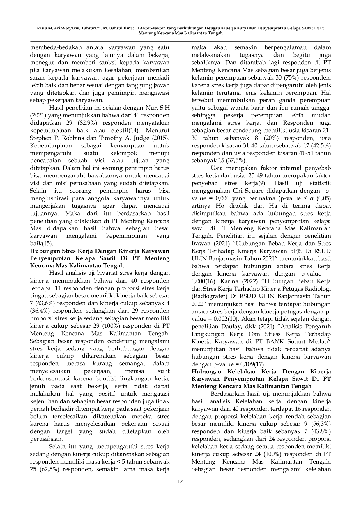 JURIS Faktor Faktor Yang Berhubungan Dengan Kinerja Karyawan Penyemprotan Kelapa Sawit Di PT Menteng Kencana Mas Kalimantan Tengah