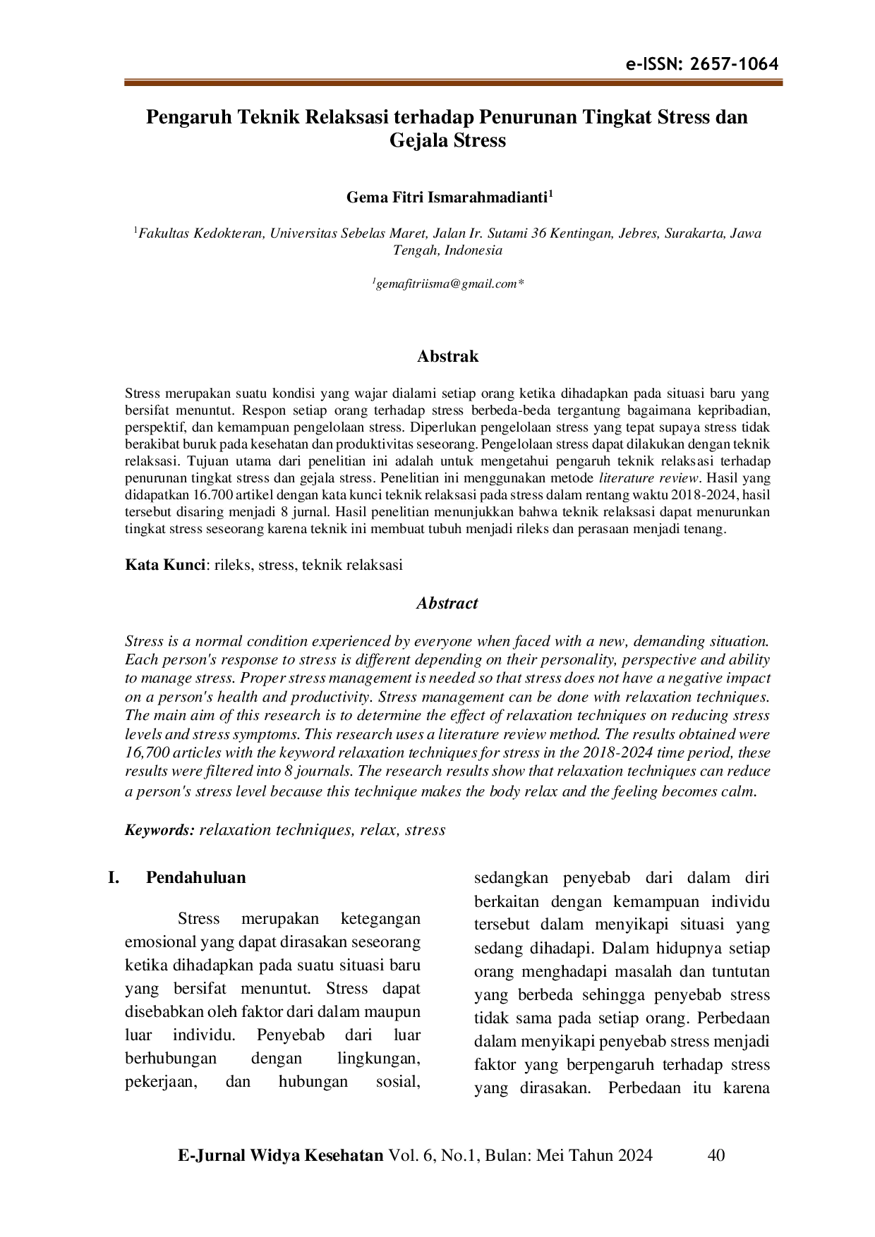 JURIS Pengaruh teknik relaksasi terhadap penurunan tingkat stress dan gejala stress The effect of relaxation techniques on stress level reduction and stress symptoms reduction