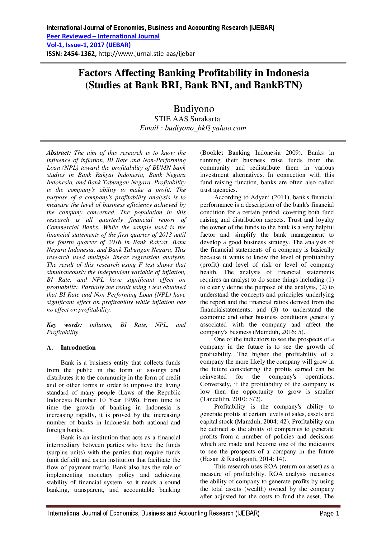 juris Factors Affecting Banking Profitability in Indonesia Studies at Bank BRI Bank BNI and Bank BTN