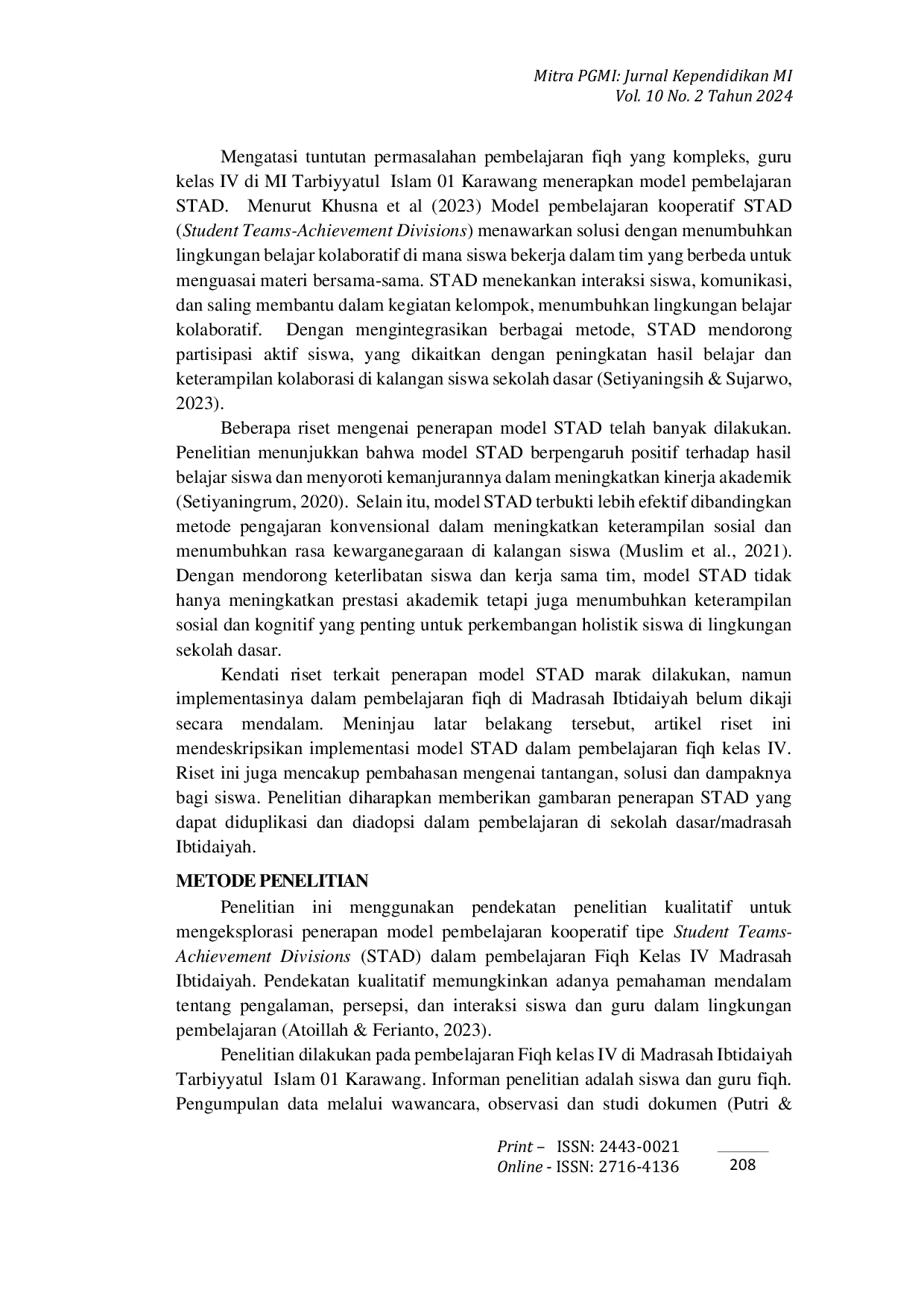 JURIS Penerapan Model Pembelajaran Kooperatif Tipe STAD dalam Pembelajaran Fiqh di Madrasah Ibtidaiyah