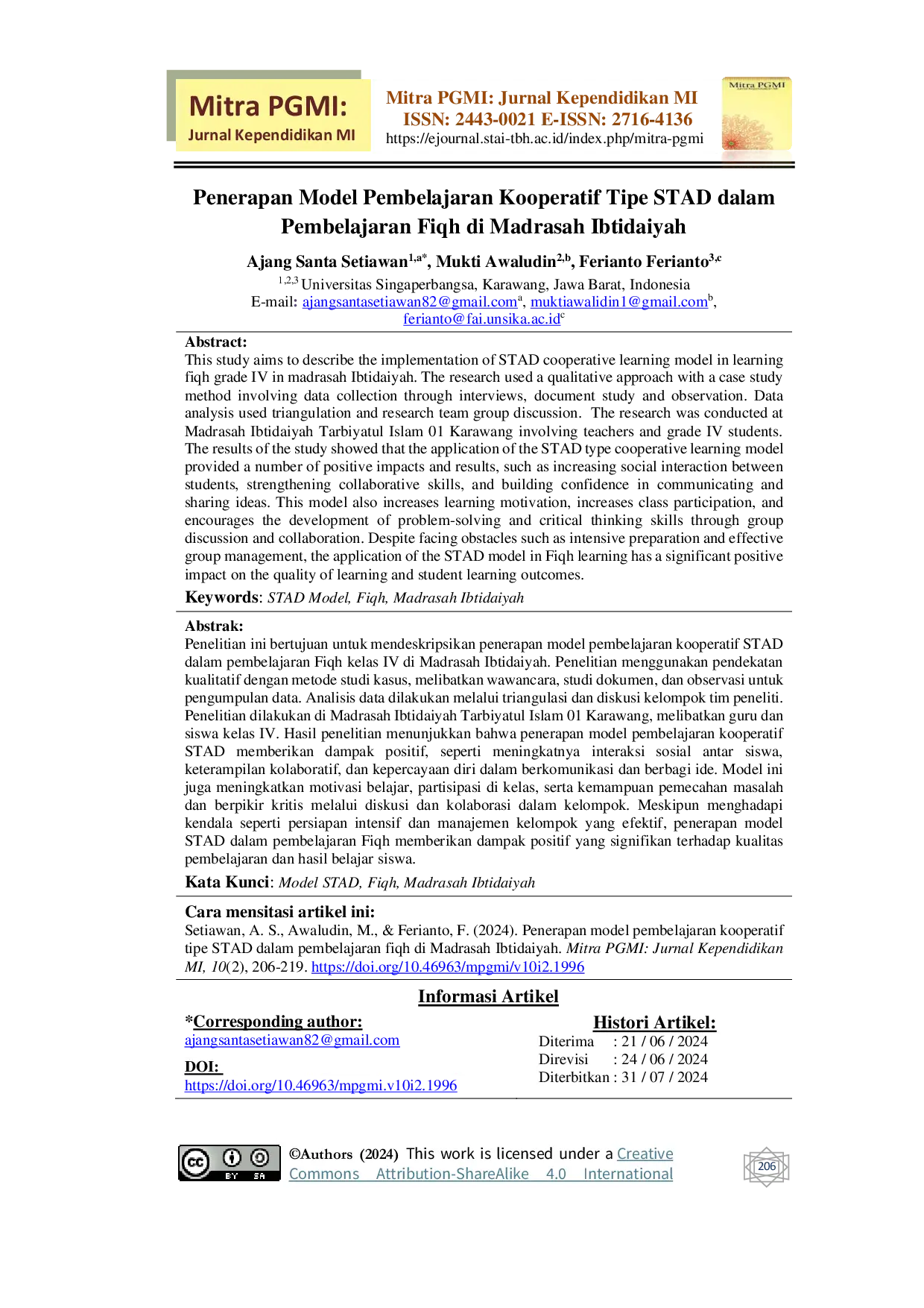 JURIS Penerapan Model Pembelajaran Kooperatif Tipe STAD dalam Pembelajaran Fiqh di Madrasah Ibtidaiyah