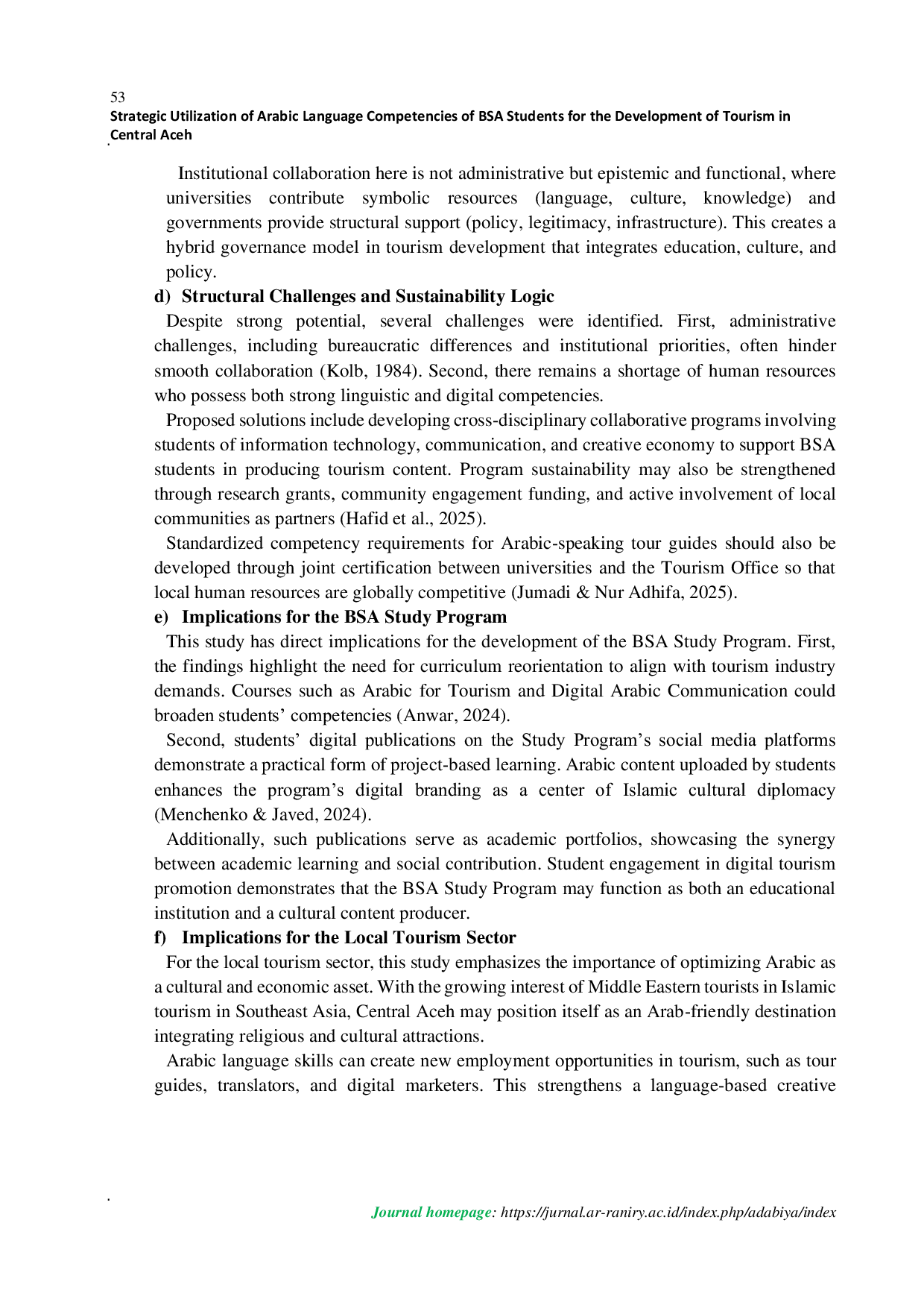 JURIS Strategic Utilization of Arabic Language Competencies of BSA Students for The Development of Tourism in Central Aceh