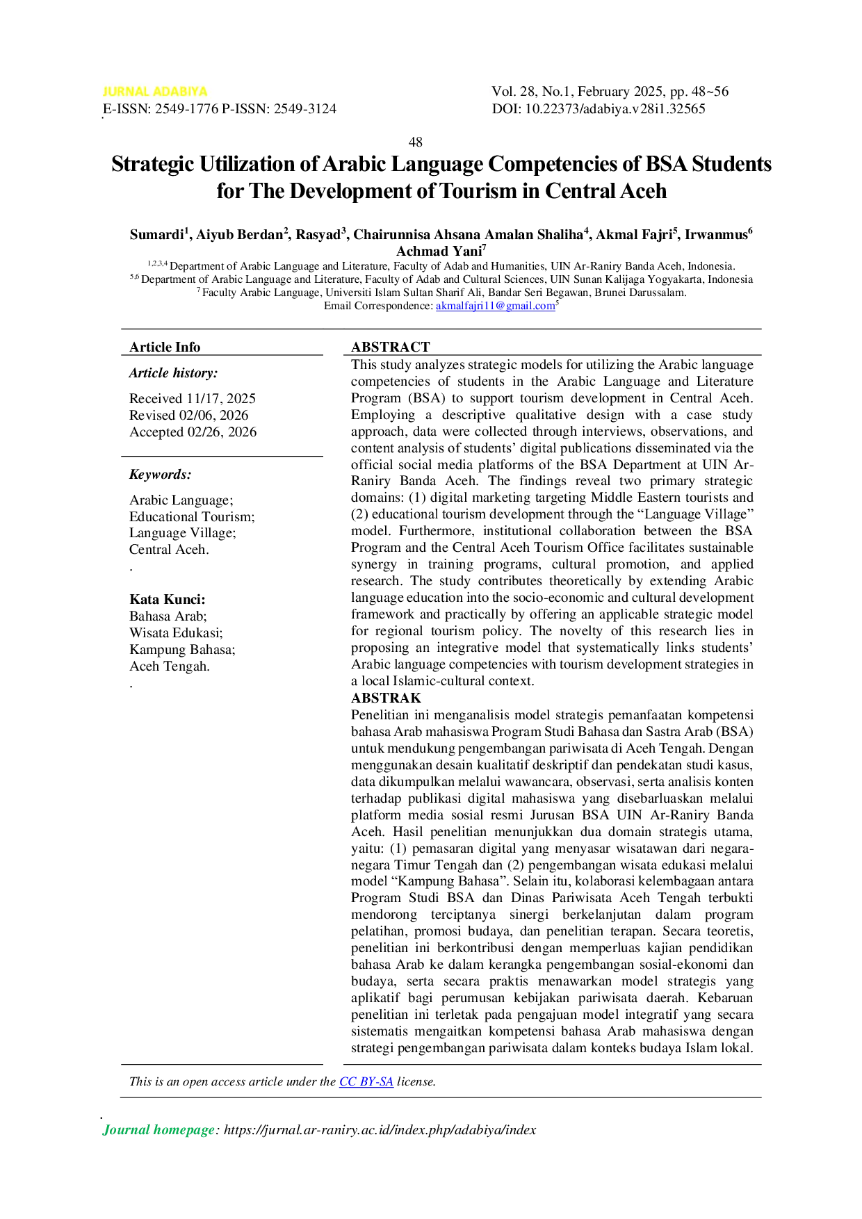 JURIS Strategic Utilization of Arabic Language Competencies of BSA Students for The Development of Tourism in Central Aceh